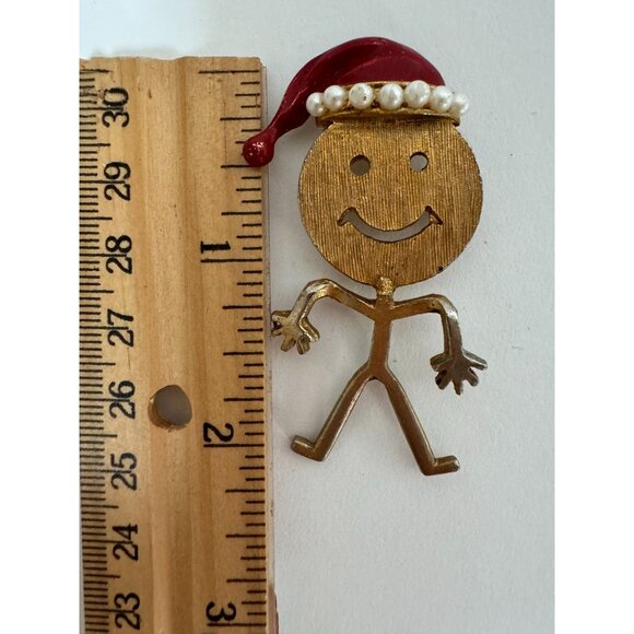 Gold-Toned Stick Figure Brooch With Enamel Santa Hat & Faux Pearl Trim - Picture 3 of 16